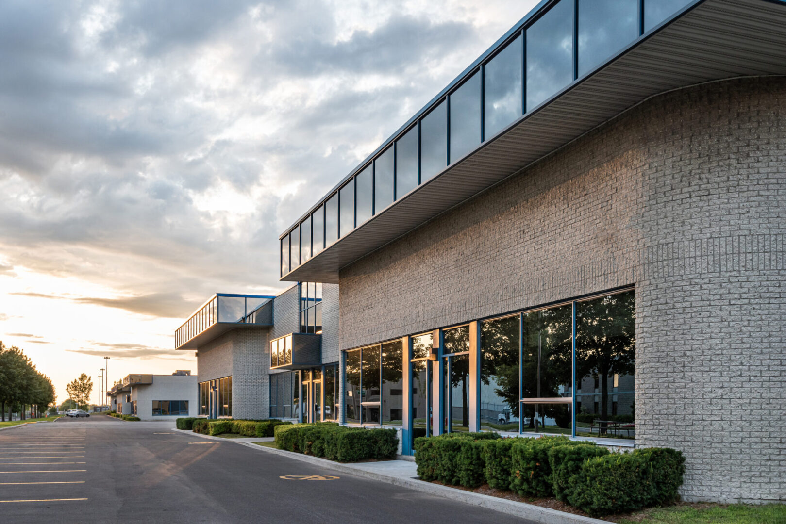 Modern office building at sunset