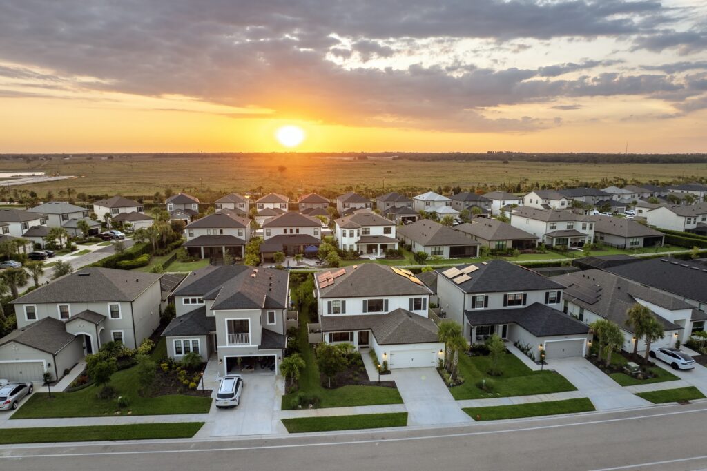 Houses with sunset background