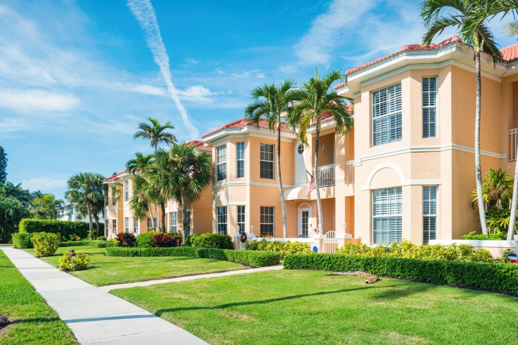 Sunny neighborhood with colorful buildings