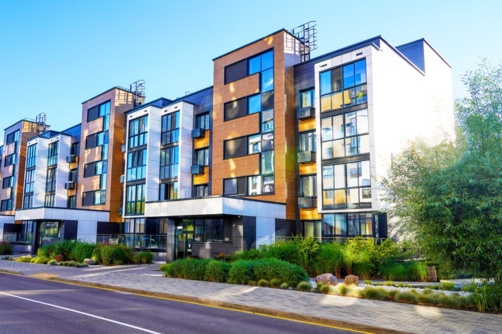 Modern apartment building with glass windows