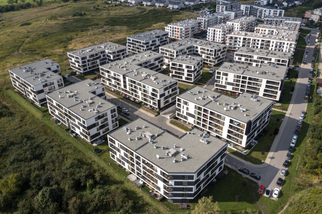 Modern apartment complex aerial view