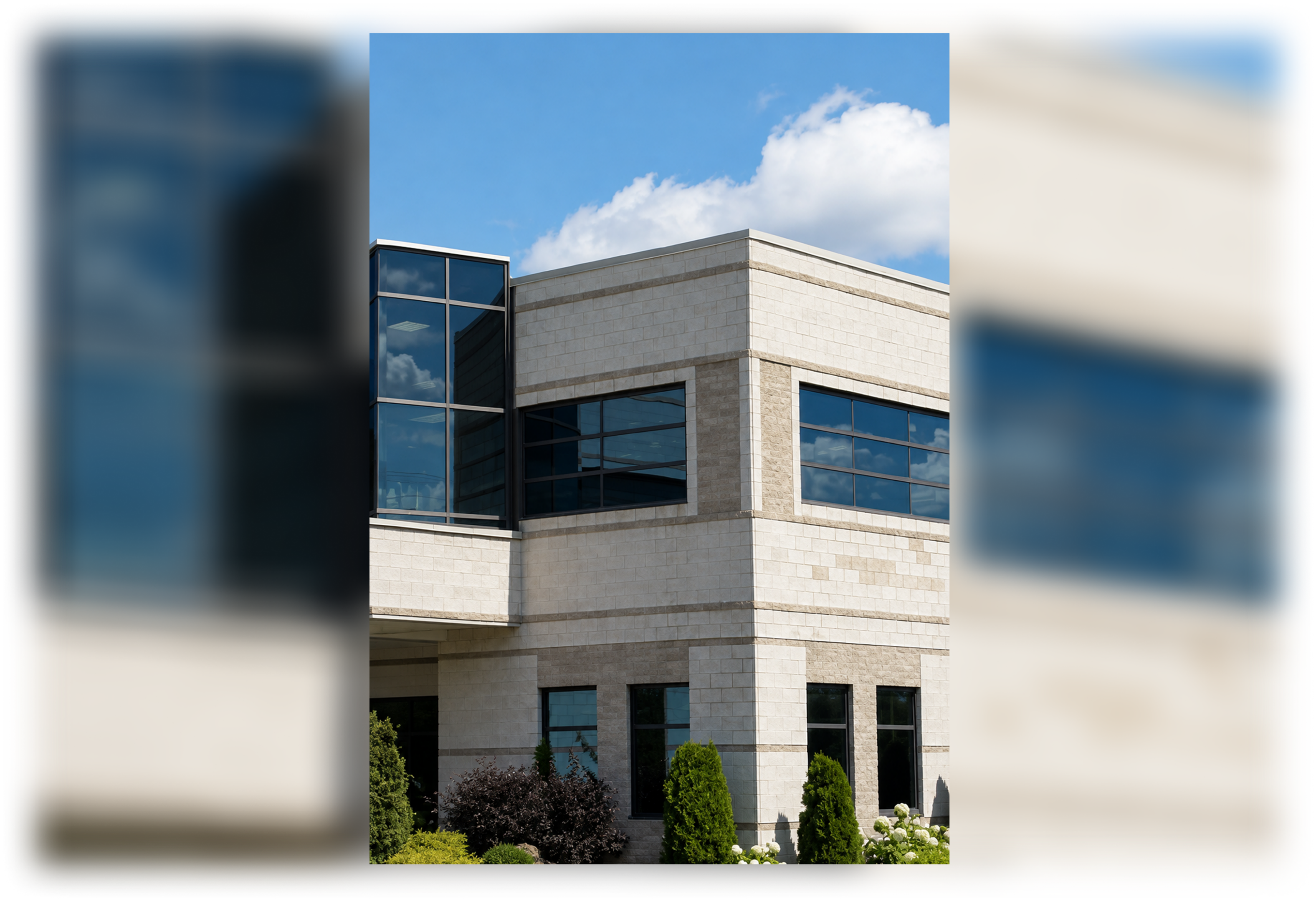 Modern beige office building exterior with windows