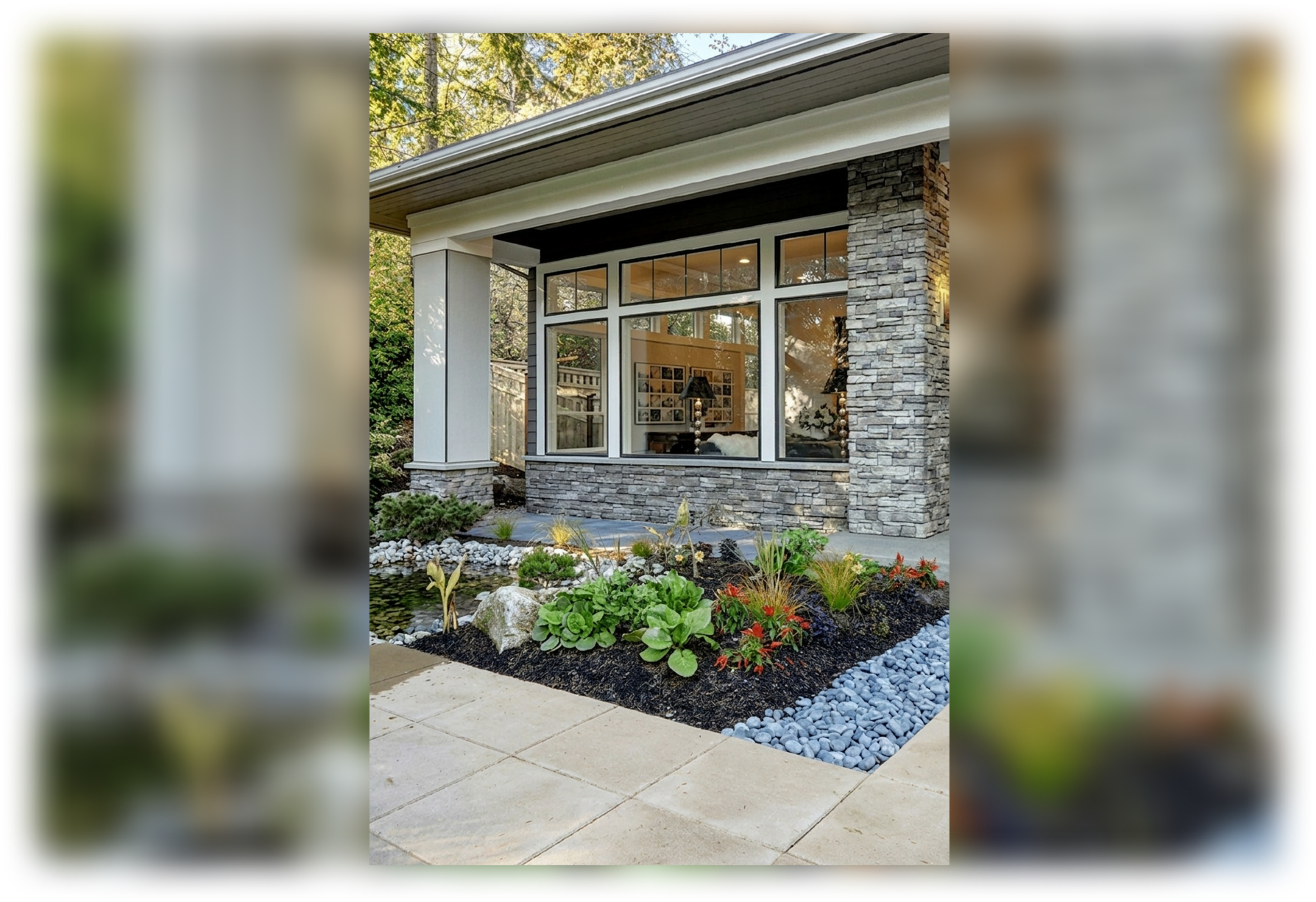 Stone-faced house exterior with landscaped garden