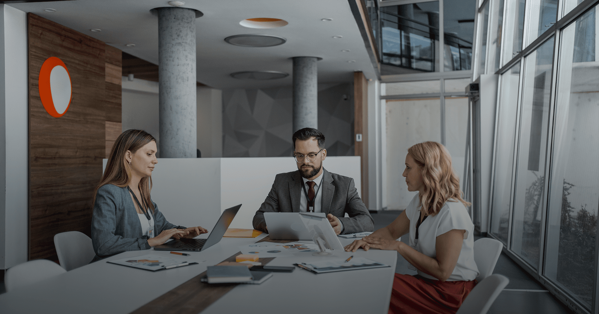 Team collaboration around conference table