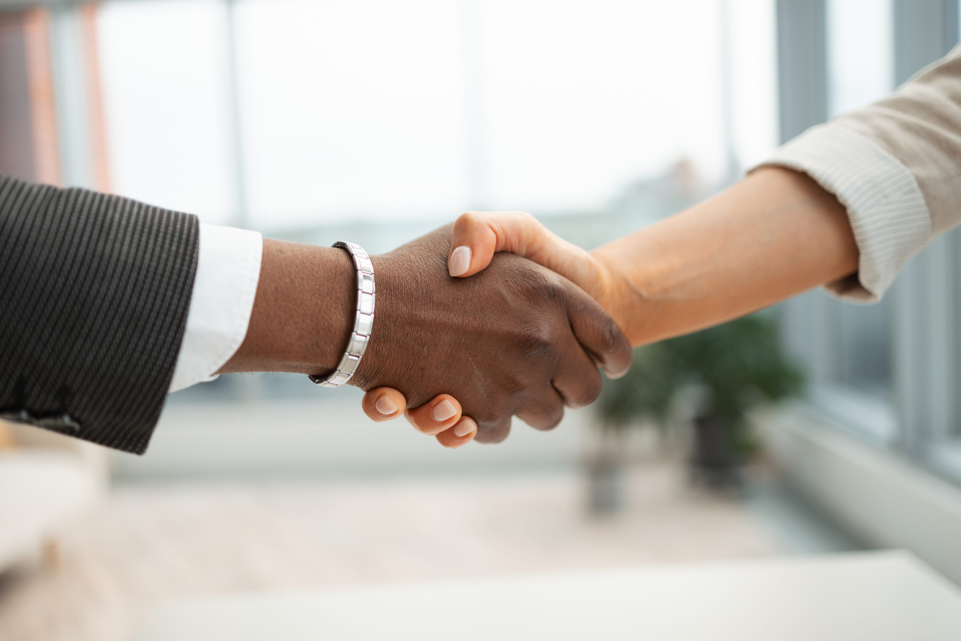 Two business professionals shaking hands, showing collaboration, partnership, and agreement. Diverse people working together