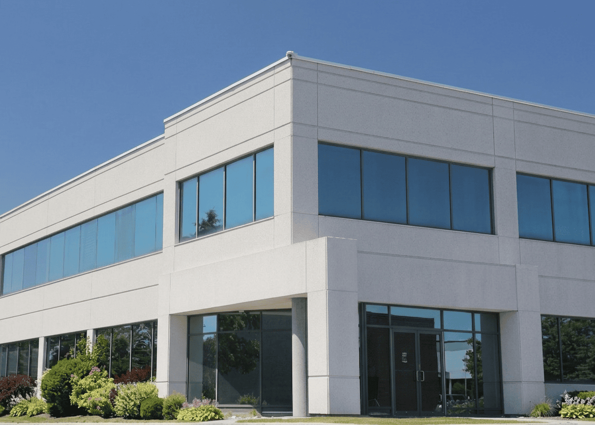 Modern two-story office building with glass facade