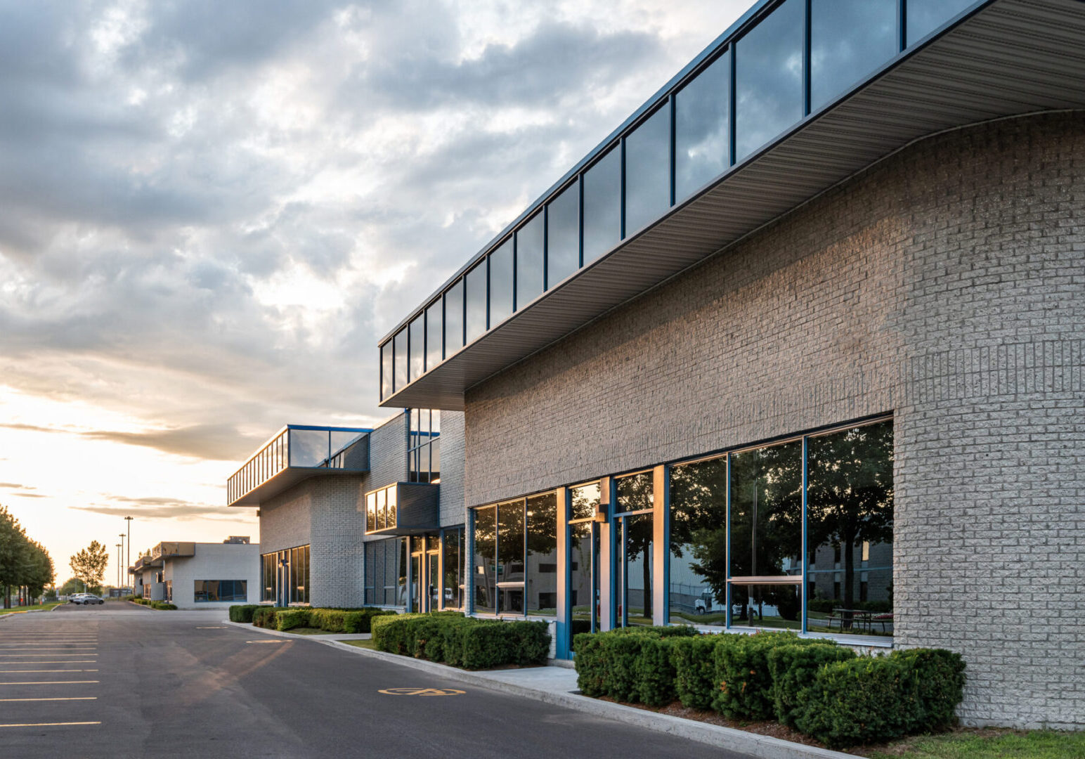 Modern office building at sunset
